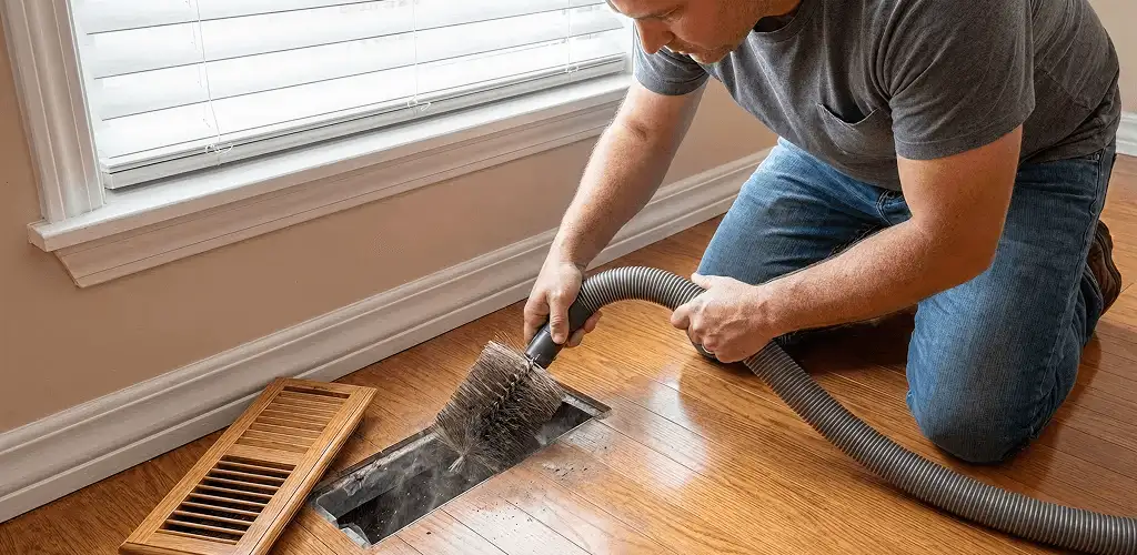 Air duct cleaning technician vacuuming a floor vent and duct opening in Ann Arbor, MI