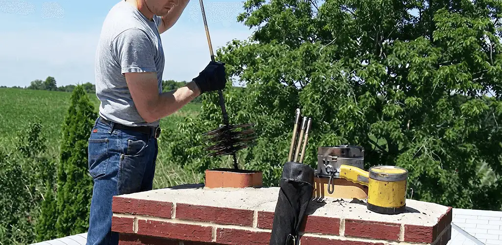 Chimney cleaning technician working on a rooftop chimney with professional tools in Ann Arbor, MI