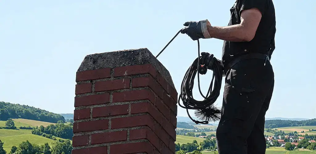 Chimney sweep inspecting and cleaning a rooftop chimney in Ann Arbor, MI