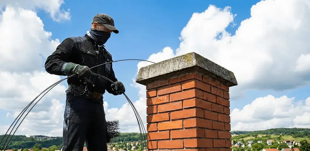 Chimney sweep cleaning a brick chimney with professional tools in Ann Arbor, MI