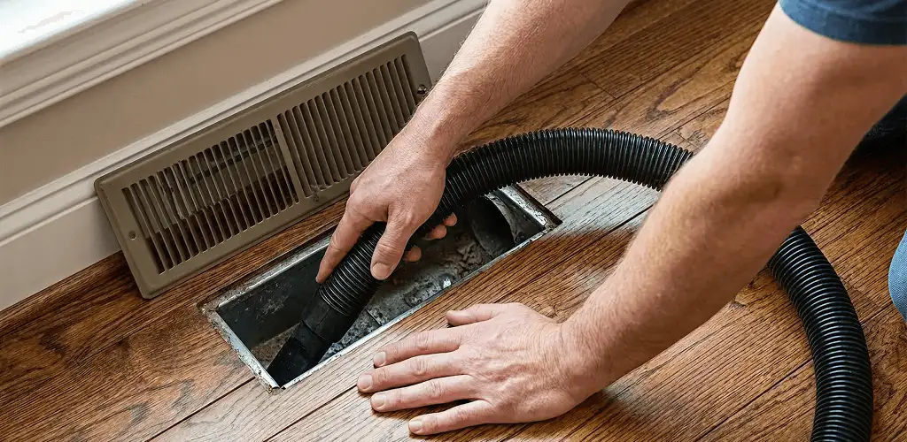 Air duct cleaning technician vacuuming a floor register and duct opening in Ann Arbor, MI
