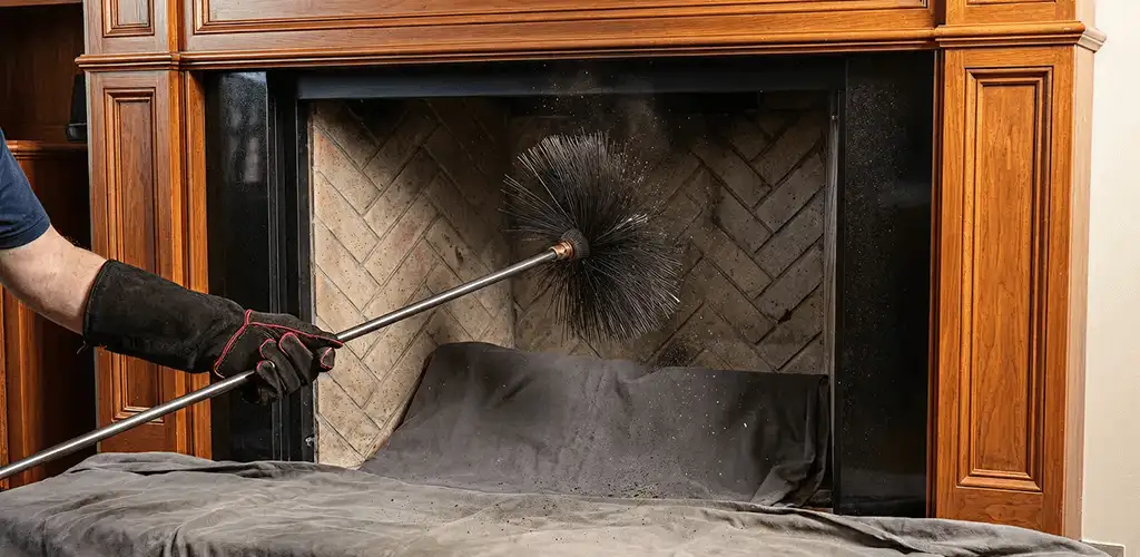 Chimney cleaning service brushing soot from a fireplace and flue in Ann Arbor, MI