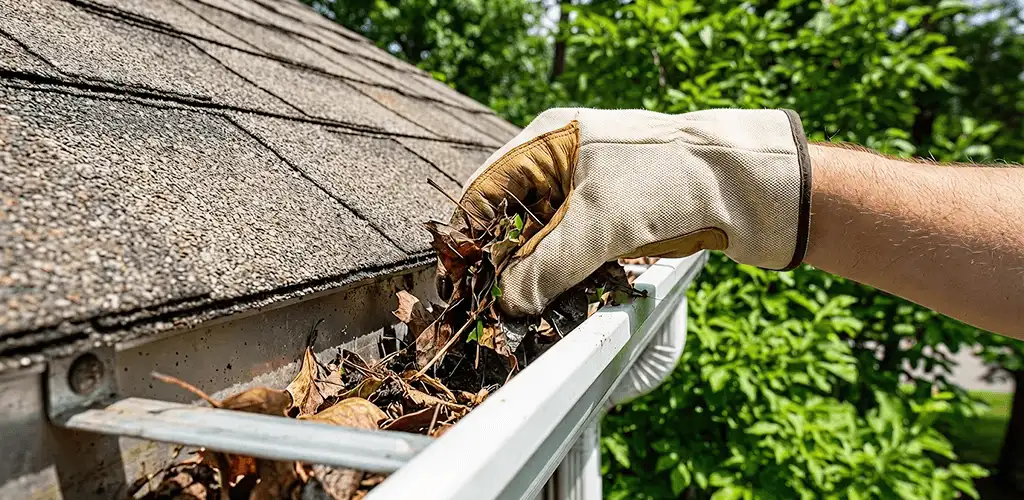 Gutter cleaning removing leaves and debris from roof gutters in Ann Arbor, MI