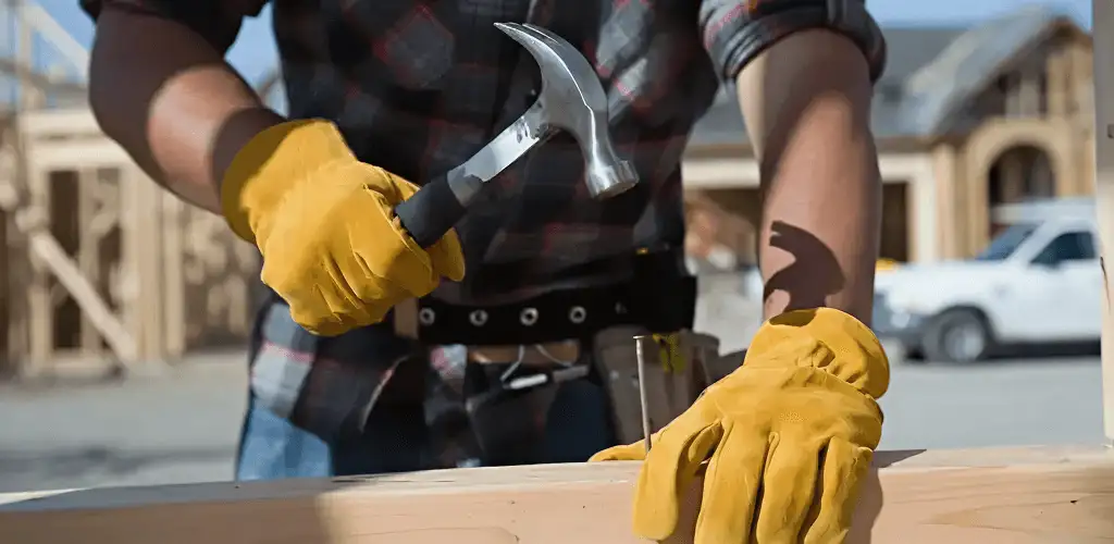 Handyman fixing wood trim with a hammer for home repairs in Ann Arbor, MI