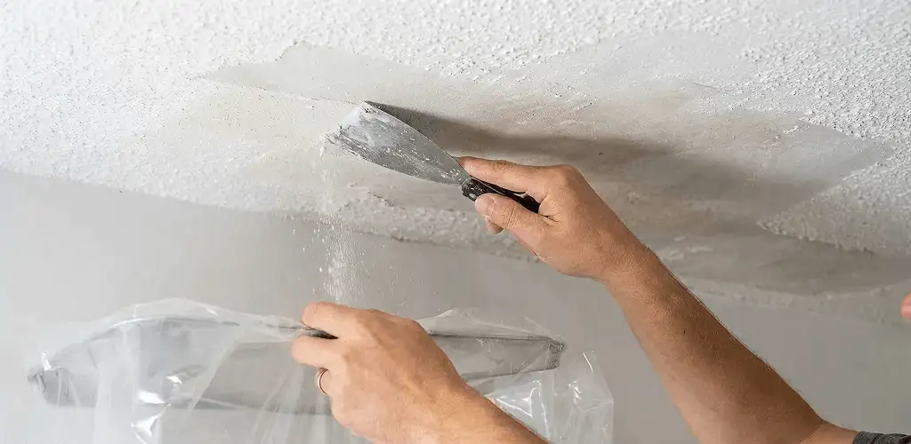 Popcorn ceiling removal technician scraping texture from a ceiling in Ann Arbor, MI