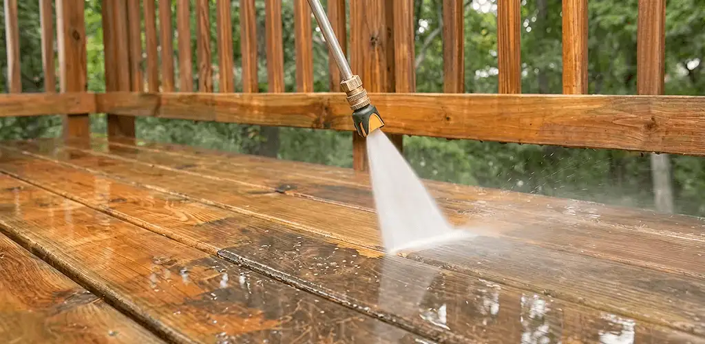 Pressure washing a wood deck to remove dirt and buildup in Ann Arbor, MI