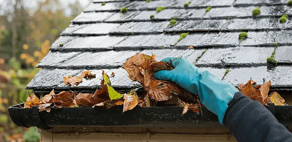 Gutter cleaning technician clearing wet leaves from roof gutters in Ann Arbor, MI