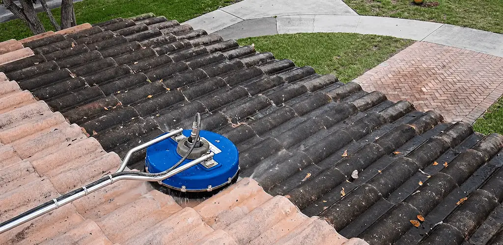 Roof pressure cleaning removing debris and buildup from roof tiles in Ann Arbor, MI
