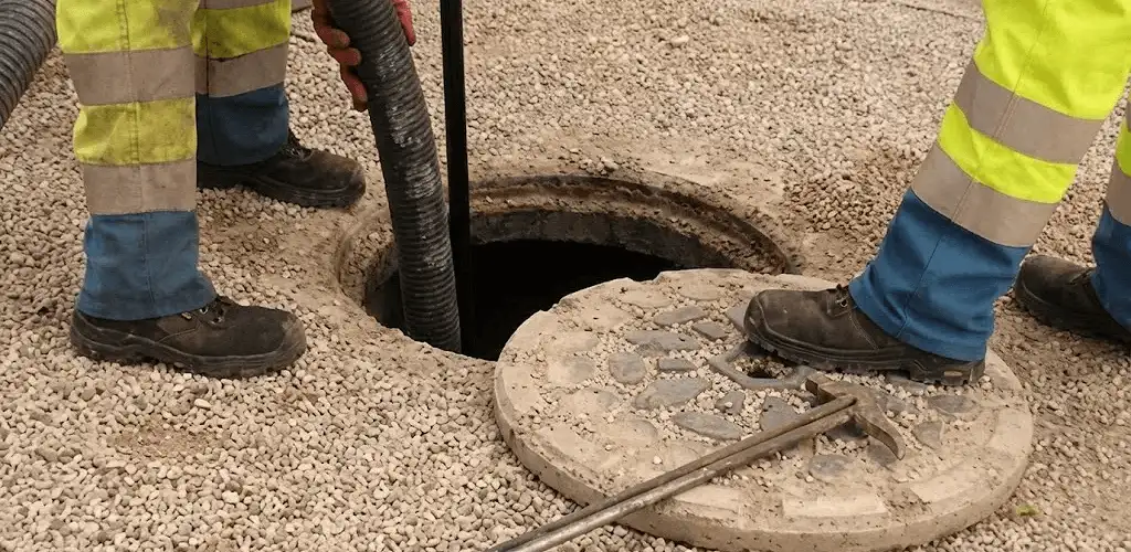 Drain cleaning crew clearing a sewer access point with professional equipment in Ann Arbor, MI