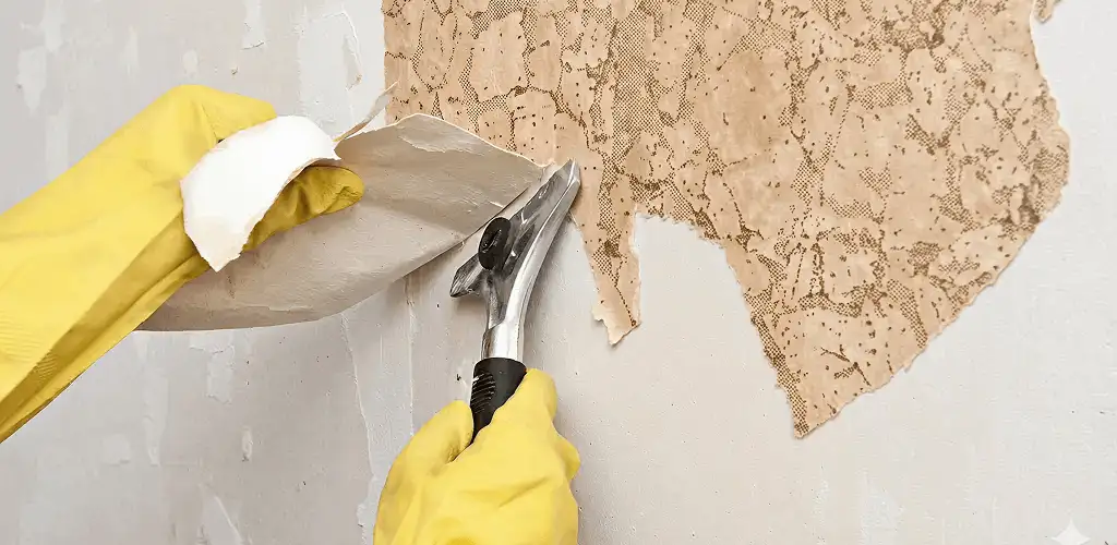 Wallpaper removal service stripping old wallpaper from a wall in Ann Arbor, MI