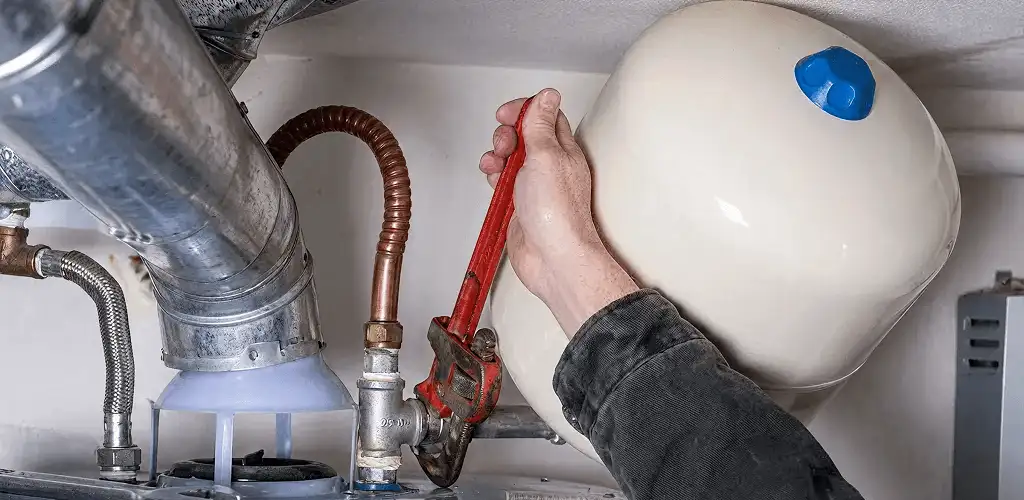 Water heater repair technician tightening plumbing connections near a tank unit in Ann Arbor, MI