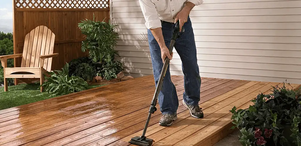 Deck staining service applying stain to a backyard wood deck in Ann Arbor, MI
